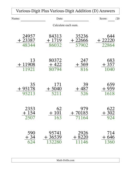 The 2- to 5-Digit Plus 2- to 5-Digit Addition With Some Regrouping (20 Questions) (D) Math Worksheet Page 2