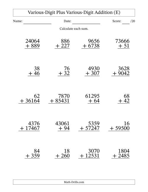 The 2- to 5-Digit Plus 2- to 5-Digit Addition With Some Regrouping (20 Questions) (E) Math Worksheet