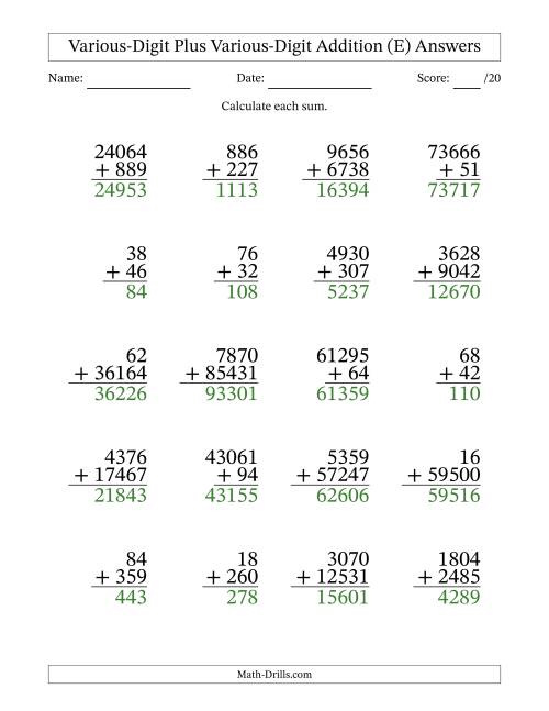 The 2- to 5-Digit Plus 2- to 5-Digit Addition With Some Regrouping (20 Questions) (E) Math Worksheet Page 2