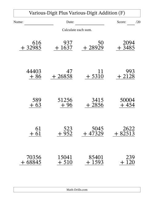 The 2- to 5-Digit Plus 2- to 5-Digit Addition With Some Regrouping (20 Questions) (F) Math Worksheet