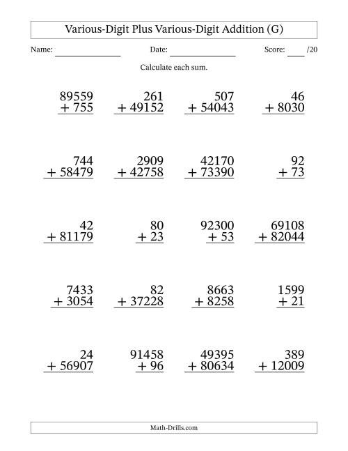 The 2- to 5-Digit Plus 2- to 5-Digit Addition With Some Regrouping (20 Questions) (G) Math Worksheet
