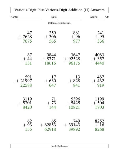 The 2- to 5-Digit Plus 2- to 5-Digit Addition With Some Regrouping (20 Questions) (H) Math Worksheet Page 2