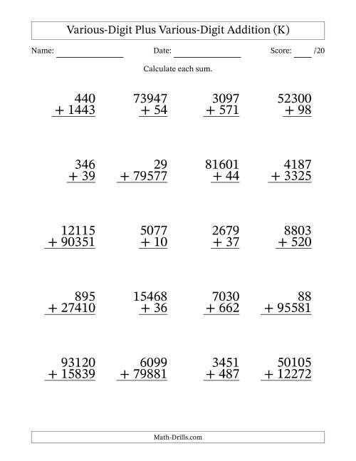 The 2- to 5-Digit Plus 2- to 5-Digit Addition With Some Regrouping (20 Questions) (K) Math Worksheet