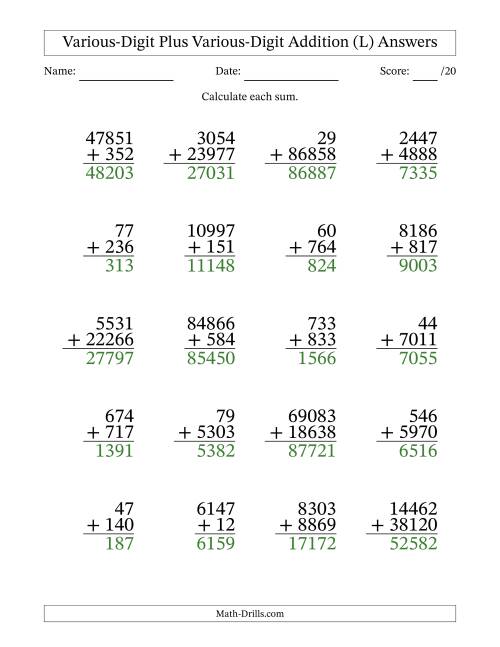 The 2- to 5-Digit Plus 2- to 5-Digit Addition With Some Regrouping (20 Questions) (L) Math Worksheet Page 2