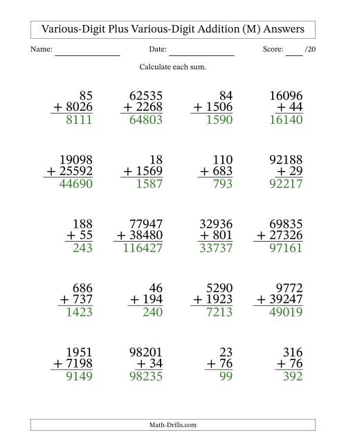 The 2- to 5-Digit Plus 2- to 5-Digit Addition With Some Regrouping (20 Questions) (M) Math Worksheet Page 2