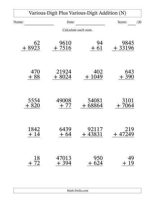 The 2- to 5-Digit Plus 2- to 5-Digit Addition With Some Regrouping (20 Questions) (N) Math Worksheet