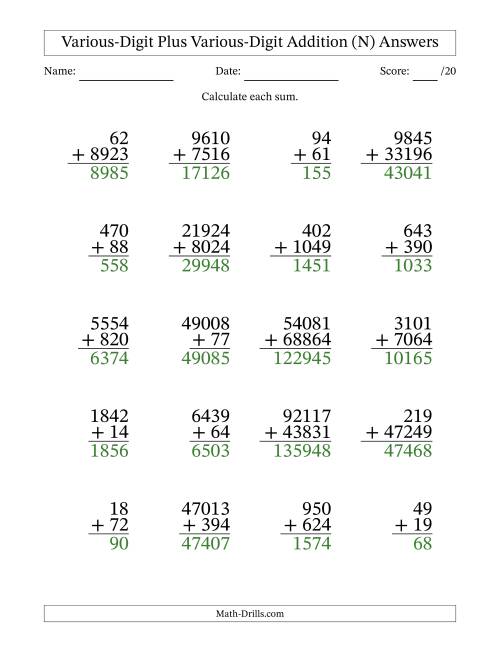 The 2- to 5-Digit Plus 2- to 5-Digit Addition With Some Regrouping (20 Questions) (N) Math Worksheet Page 2
