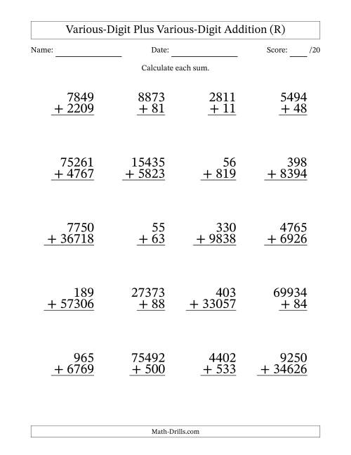 The 2- to 5-Digit Plus 2- to 5-Digit Addition With Some Regrouping (20 Questions) (R) Math Worksheet