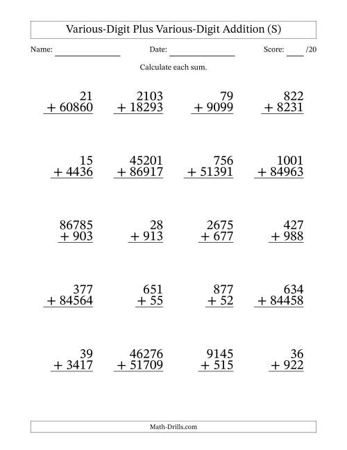 The 2- to 5-Digit Plus 2- to 5-Digit Addition With Some Regrouping (20 Questions) (S) Math Worksheet