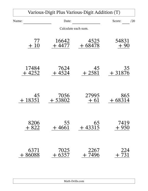 The 2- to 5-Digit Plus 2- to 5-Digit Addition With Some Regrouping (20 Questions) (T) Math Worksheet