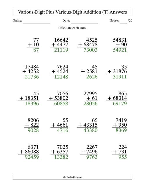The 2- to 5-Digit Plus 2- to 5-Digit Addition With Some Regrouping (20 Questions) (T) Math Worksheet Page 2