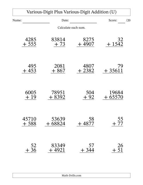 The 2- to 5-Digit Plus 2- to 5-Digit Addition With Some Regrouping (20 Questions) (U) Math Worksheet