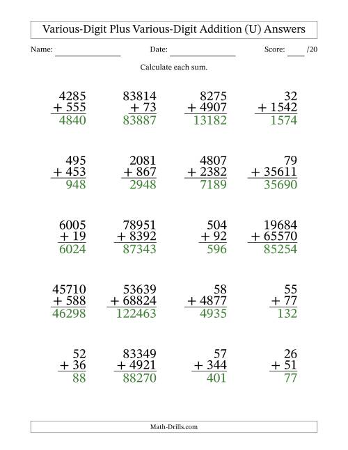 The 2- to 5-Digit Plus 2- to 5-Digit Addition With Some Regrouping (20 Questions) (U) Math Worksheet Page 2