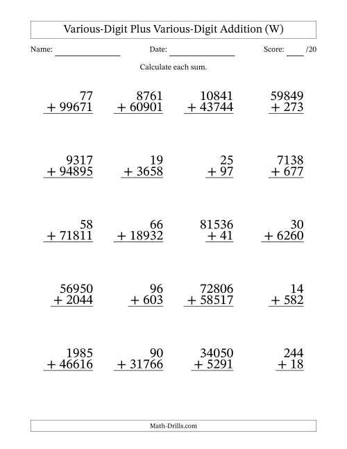 The 2- to 5-Digit Plus 2- to 5-Digit Addition With Some Regrouping (20 Questions) (W) Math Worksheet