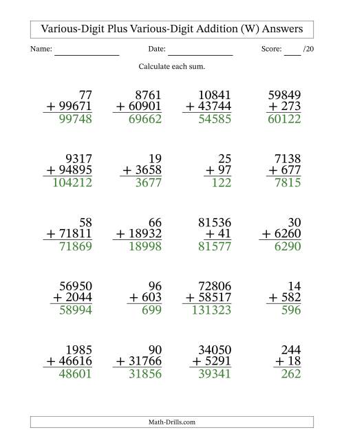The 2- to 5-Digit Plus 2- to 5-Digit Addition With Some Regrouping (20 Questions) (W) Math Worksheet Page 2