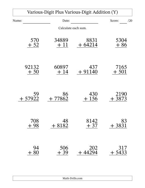 The 2- to 5-Digit Plus 2- to 5-Digit Addition With Some Regrouping (20 Questions) (Y) Math Worksheet