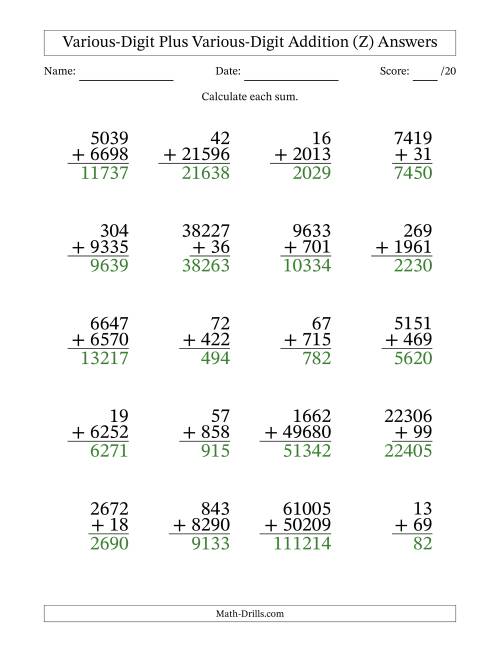 The 2- to 5-Digit Plus 2- to 5-Digit Addition With Some Regrouping (20 Questions) (Z) Math Worksheet Page 2