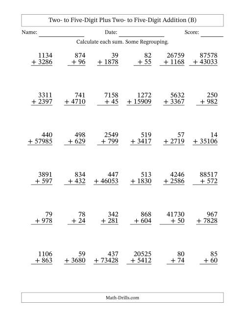 The Two- to Five-Digit Plus Two- to Five-Digit Addition With Some Regrouping – 36 Questions (B) Math Worksheet
