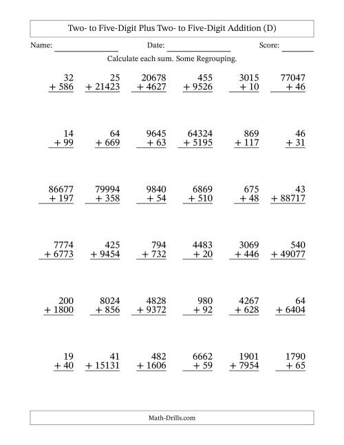 The Two- to Five-Digit Plus Two- to Five-Digit Addition With Some Regrouping – 36 Questions (D) Math Worksheet