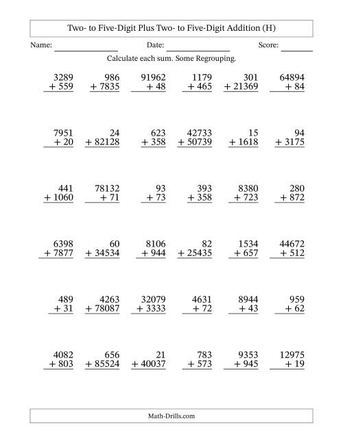 The Two- to Five-Digit Plus Two- to Five-Digit Addition With Some Regrouping – 36 Questions (H) Math Worksheet