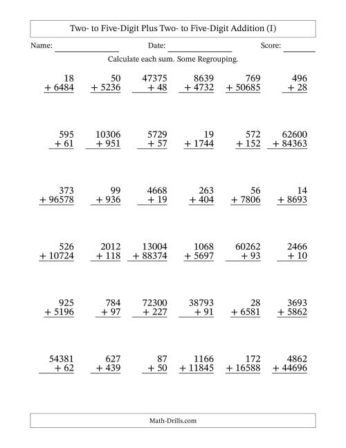 The Two- to Five-Digit Plus Two- to Five-Digit Addition With Some Regrouping – 36 Questions (I) Math Worksheet