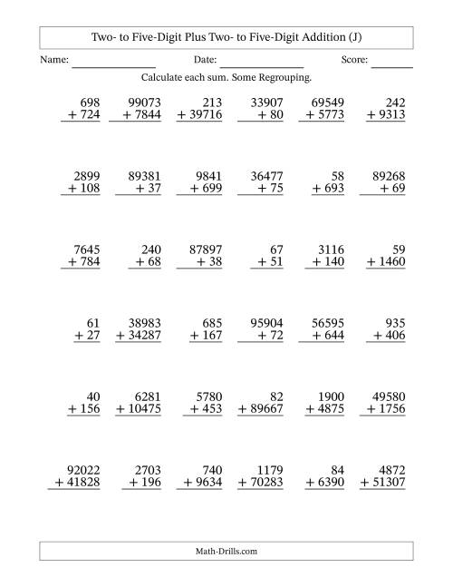 The Two- to Five-Digit Plus Two- to Five-Digit Addition With Some Regrouping – 36 Questions (J) Math Worksheet