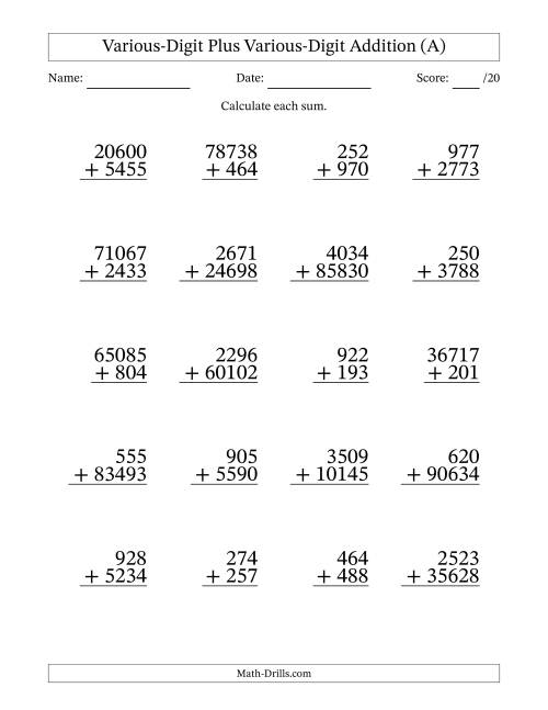 The 3- to 5-Digit Plus 3- to 5-Digit Addition With Some Regrouping (20 Questions) (A) Math Worksheet
