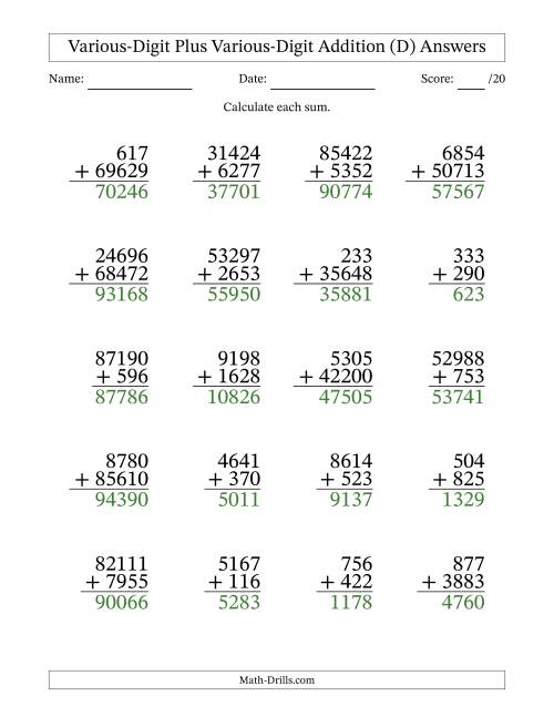 The 3- to 5-Digit Plus 3- to 5-Digit Addition With Some Regrouping (20 Questions) (D) Math Worksheet Page 2