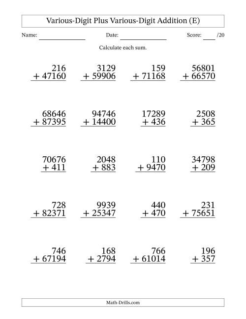 The 3- to 5-Digit Plus 3- to 5-Digit Addition With Some Regrouping (20 Questions) (E) Math Worksheet
