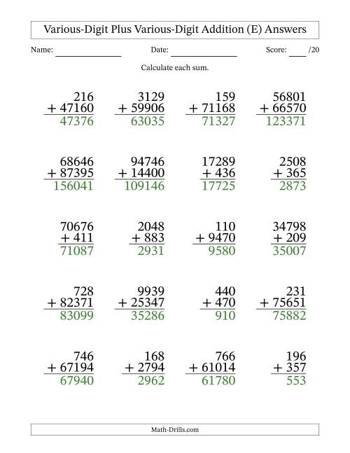 The 3- to 5-Digit Plus 3- to 5-Digit Addition With Some Regrouping (20 Questions) (E) Math Worksheet Page 2