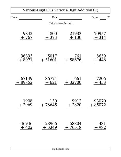 The 3- to 5-Digit Plus 3- to 5-Digit Addition With Some Regrouping (20 Questions) (F) Math Worksheet