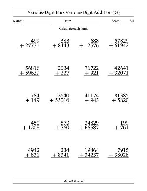 The 3- to 5-Digit Plus 3- to 5-Digit Addition With Some Regrouping (20 Questions) (G) Math Worksheet