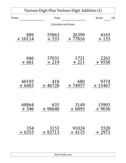 The 3- to 5-Digit Plus 3- to 5-Digit Addition With Some Regrouping (20 Questions) (I) Math Worksheet