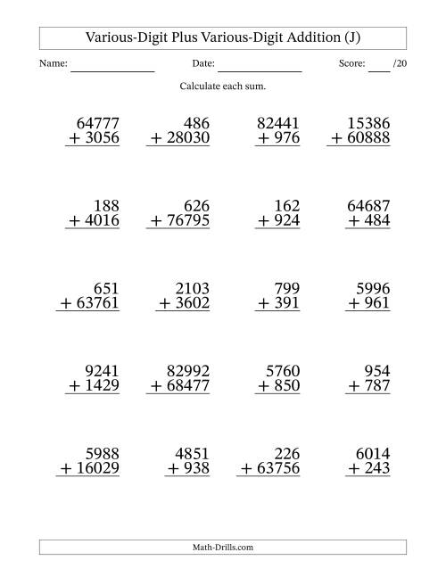 The 3- to 5-Digit Plus 3- to 5-Digit Addition With Some Regrouping (20 Questions) (J) Math Worksheet
