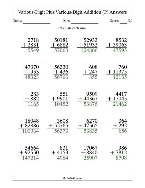 The 3- to 5-Digit Plus 3- to 5-Digit Addition With Some Regrouping (20 Questions) (P) Math Worksheet Page 2