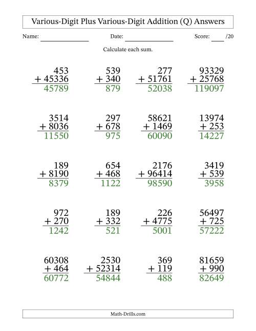 The 3- to 5-Digit Plus 3- to 5-Digit Addition With Some Regrouping (20 Questions) (Q) Math Worksheet Page 2