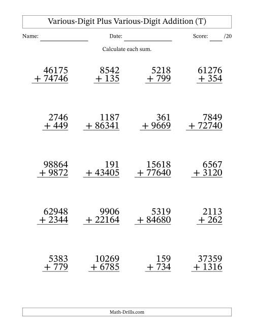 The 3- to 5-Digit Plus 3- to 5-Digit Addition With Some Regrouping (20 Questions) (T) Math Worksheet