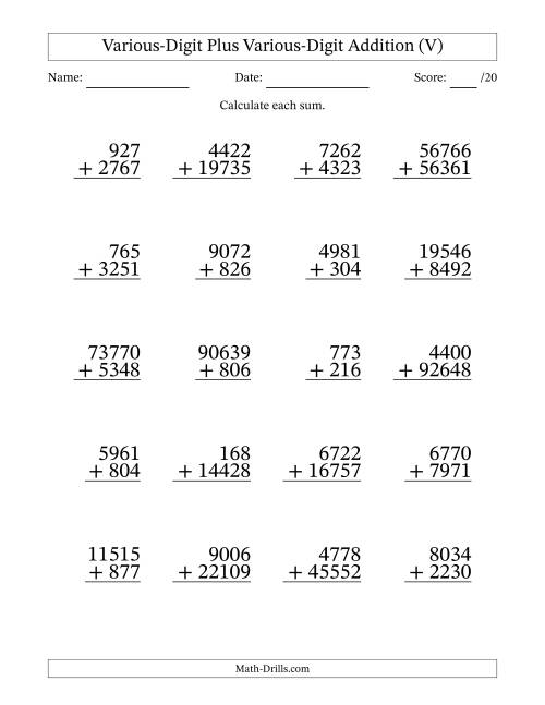 The 3- to 5-Digit Plus 3- to 5-Digit Addition With Some Regrouping (20 Questions) (V) Math Worksheet