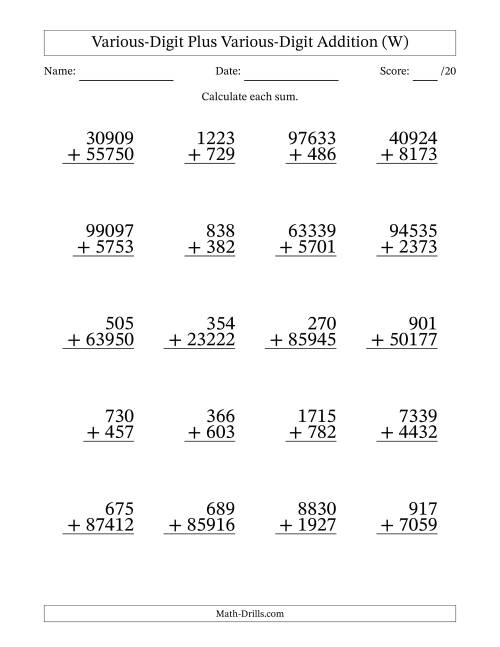 The 3- to 5-Digit Plus 3- to 5-Digit Addition With Some Regrouping (20 Questions) (W) Math Worksheet