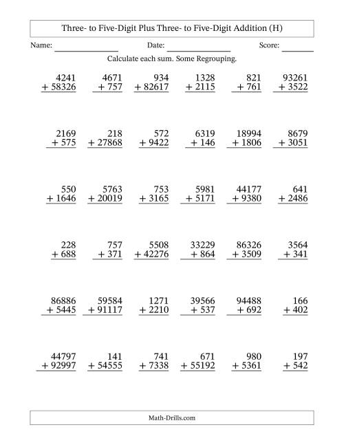 The Three- to Five-Digit Plus Three- to Five-Digit Addition With Some Regrouping – 36 Questions (H) Math Worksheet