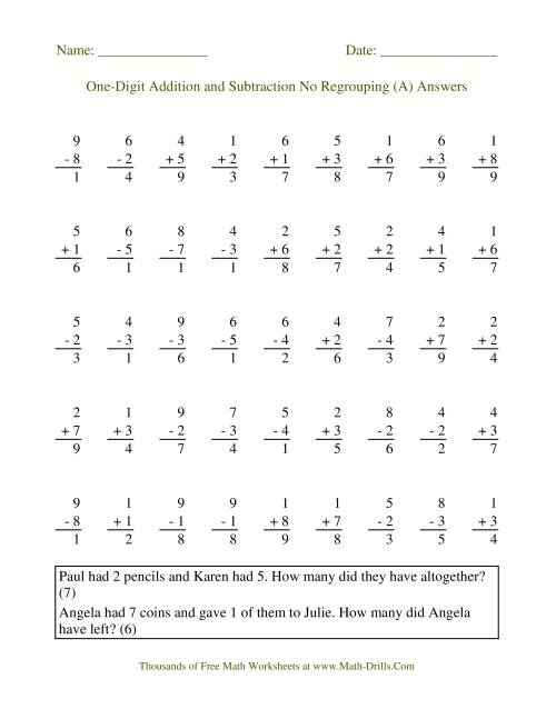 The Single-Digit -- No Regrouping (A) Math Worksheet Page 2