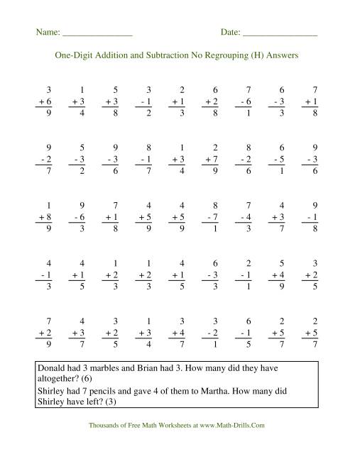 The Single-Digit -- No Regrouping (H) Math Worksheet Page 2