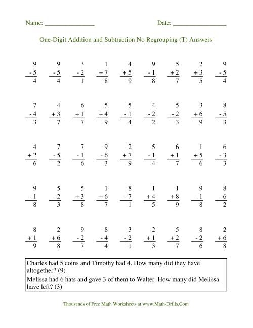 The Single-Digit -- No Regrouping (T) Math Worksheet Page 2