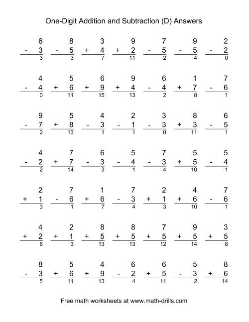 The Single-Digit (D) Math Worksheet Page 2