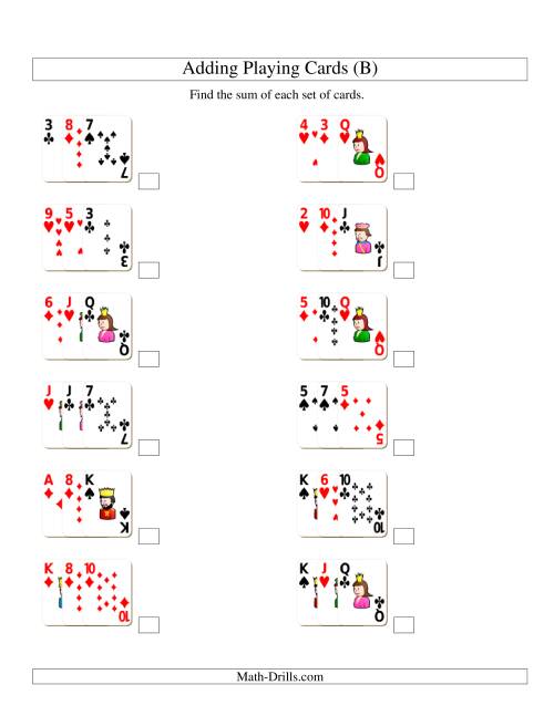 The Adding 3 Playing Cards (B) Math Worksheet