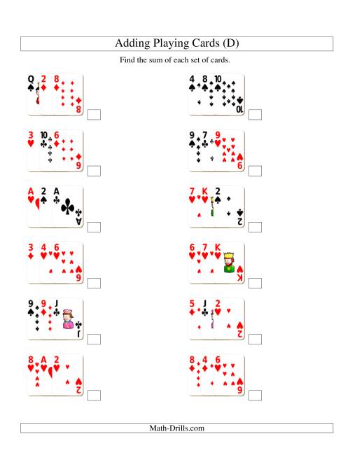 The Adding 3 Playing Cards (D) Math Worksheet