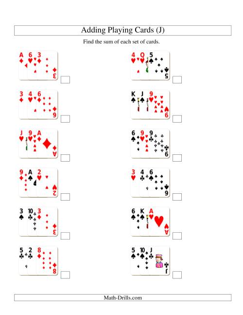 The Adding 3 Playing Cards (J) Math Worksheet