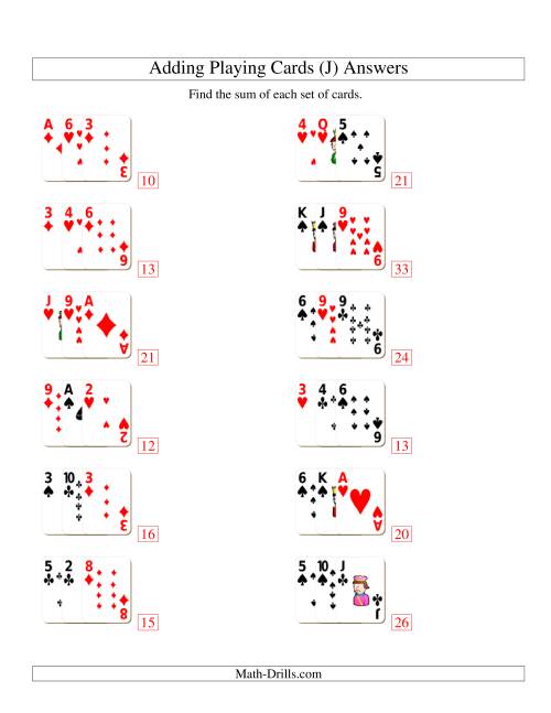 The Adding 3 Playing Cards (J) Math Worksheet Page 2