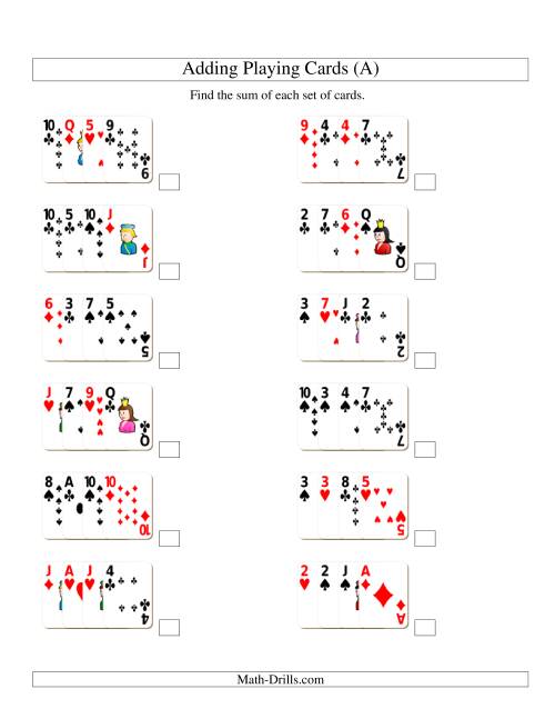 The Adding 4 Playing Cards (A) Math Worksheet