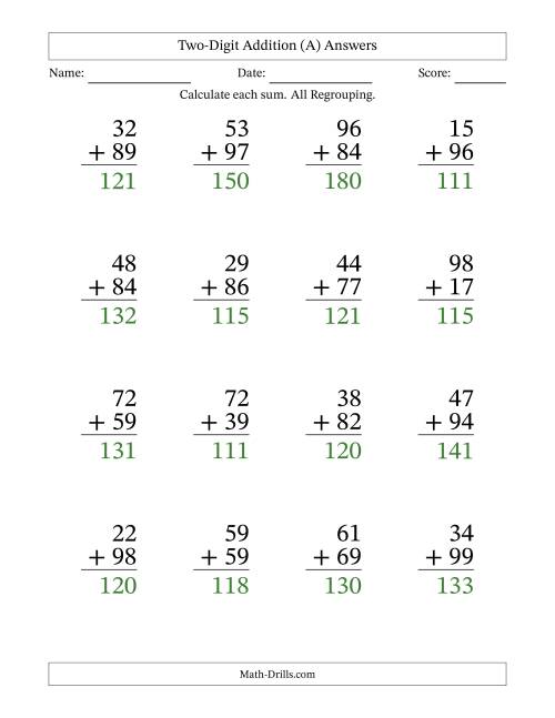 The Large Print 2-Digit Plus 2-Digit Addtion with ALL Regrouping (A) Math Worksheet Page 2